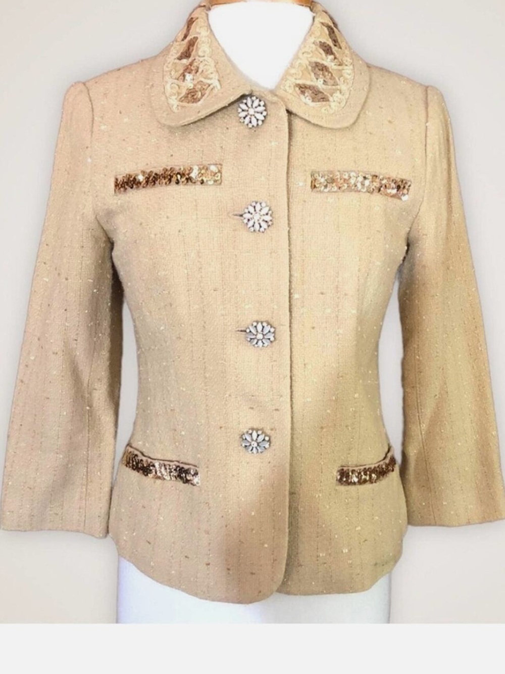 Vintage Bloomingdale's Beige Tweed Jacket with Sequin Trim